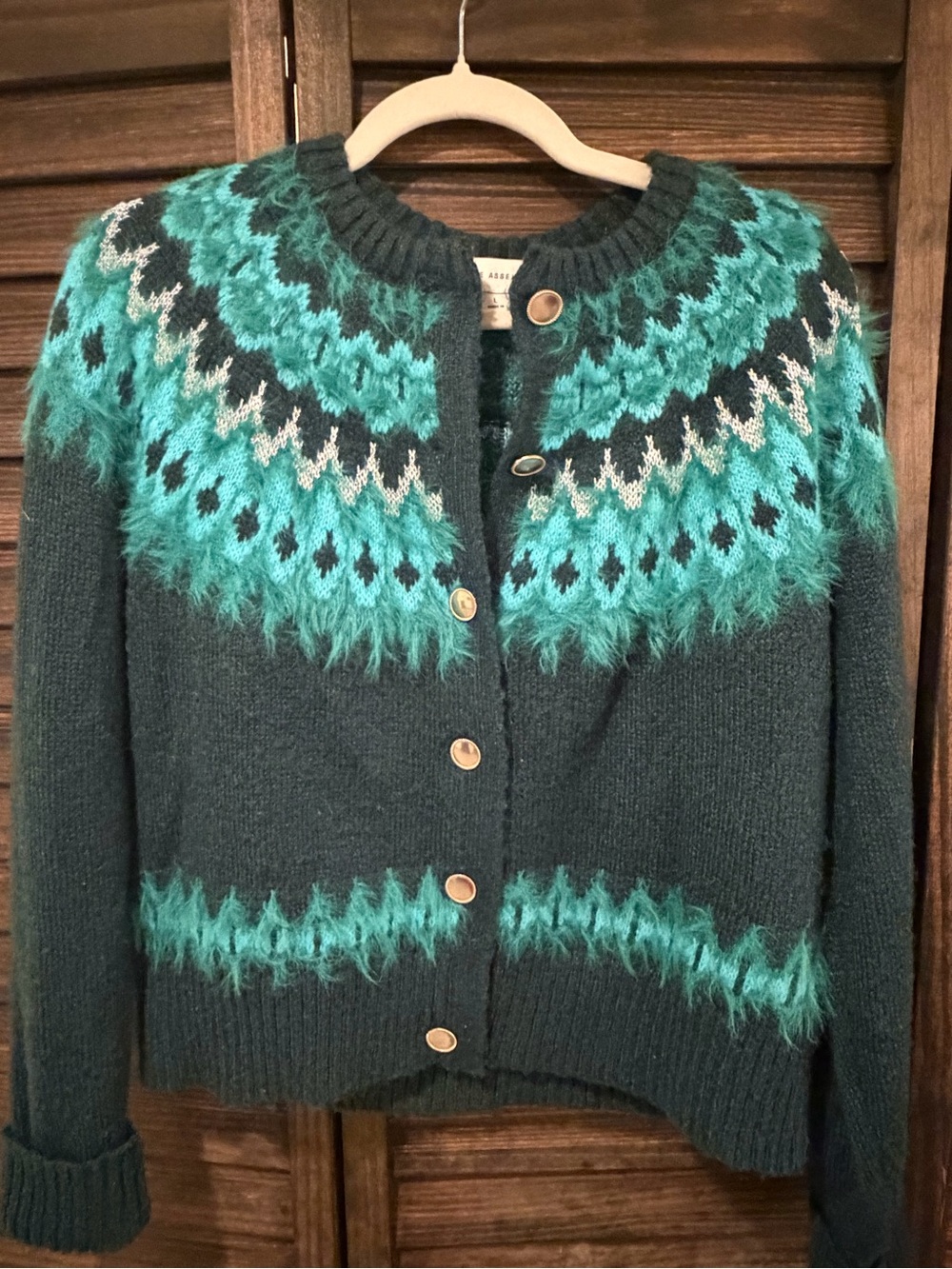 Hand-Knit Style Teal Patterned Cardigan Sweater